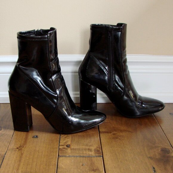 Aldo Black Patent Leather Boots Chunky Block Heel Size 7.5 - Picture 1 of 14